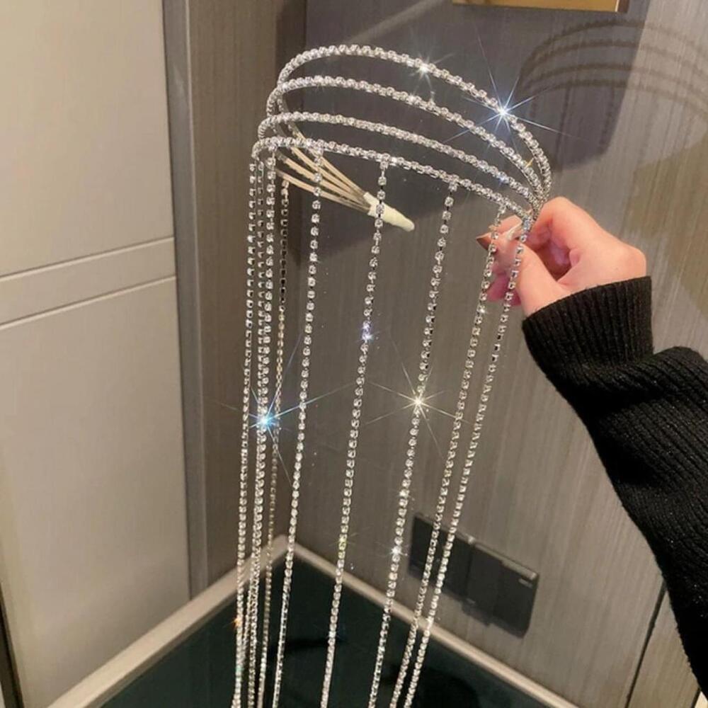 Four Layered Fringe Rhinestone Long Headband In Silver - Picture 2 of 7